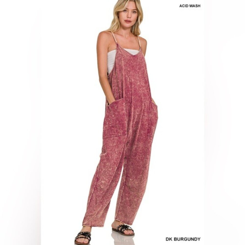 NEW ZENANA Burgundy Acid Wash Onesie Jumpsuit - Picture 7 of 8
